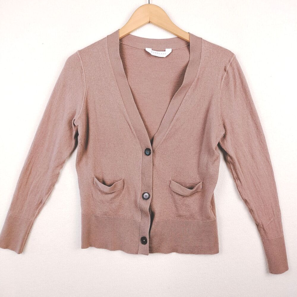 Everlane Cardigan Sweater Women Large Brown Wool Button Up Pockets Minimalist